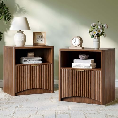 Fluted Nightstand Set of 2, Walnut Bedside Table with Drawer and Storage, Wood End Table Mid Cent... | Amazon (US)