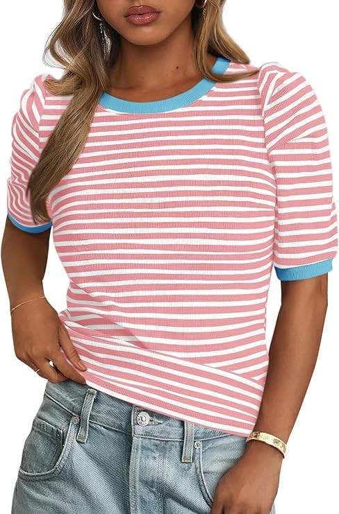 PRETTYGARDEN Women's Summer Puff Sleeve Tops Casual Ribbed Knit Crop Top Color Block Trendy Crewn... | Amazon (US)
