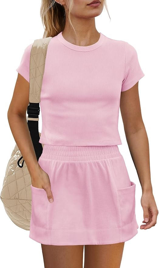Yanekop Womens 2 Piece Tennis Skirt Sets Outfits Two Piece Matching Lounge Sets Short Sleeve Ribb... | Amazon (US)