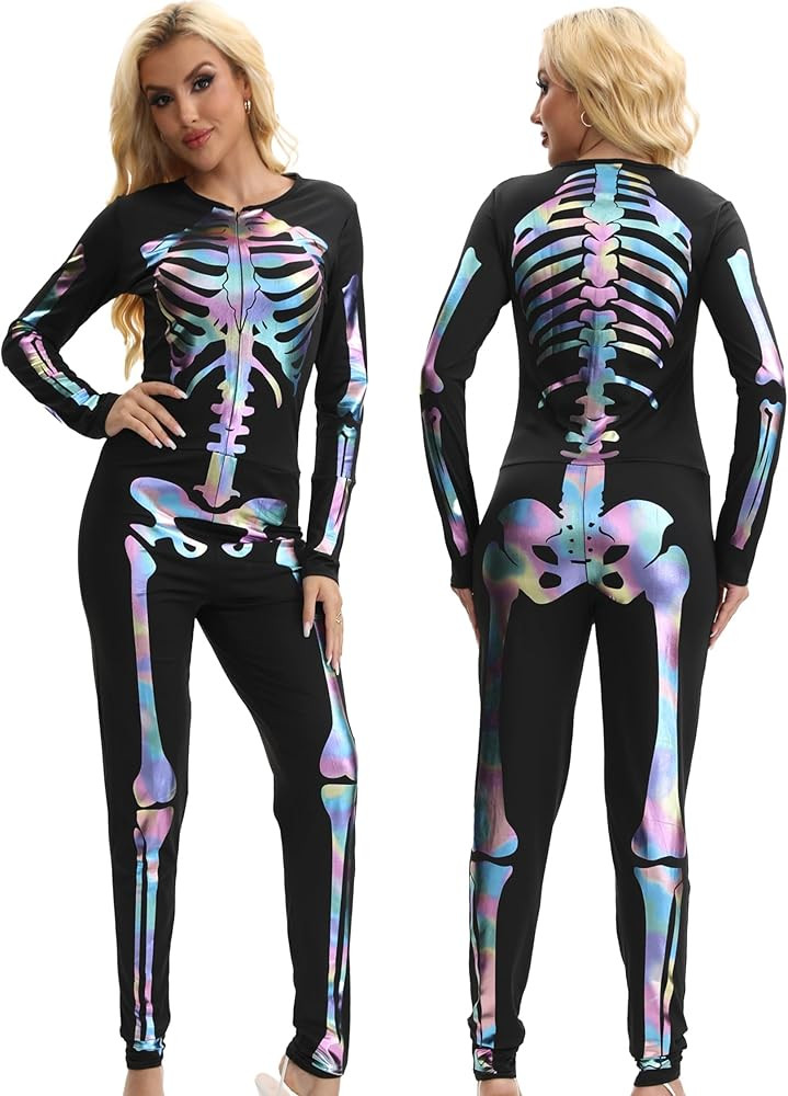 Skeleton Costume Women Front and Back Print Skeletons Sexy Form Fitting Bodysuit for Halloween | Amazon (US)