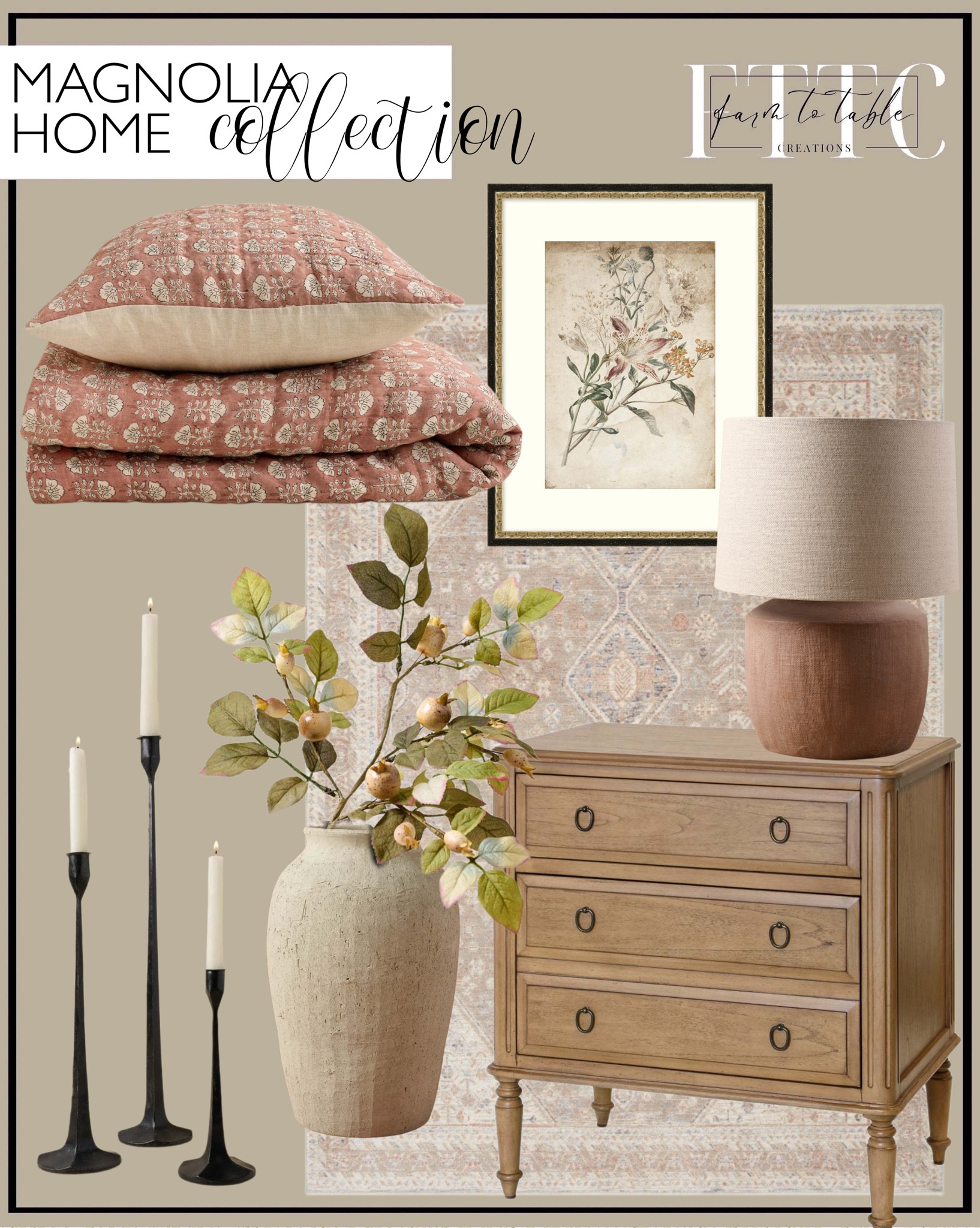 Magnolia Home Collection. Follow @farmtotablecreations on Instagram for more inspiration.

Jane Bench. Flora Block Print Quilt - Desert Clay. Vintage Floral Bouquet. Flora Block Print Pillow Sham - Desert Clay. Isabella Throw. Clay Greenleigh Table Lamp. Stonewashed Pebbled Quilt - Desert Clay. Stonewashed Pebbled Quilt Pillow Sham - Desert Clay. Corinne Large Nightstand. Carlisle Taupe Ivory Rug. Black Gatecrest Candlesticks. Large Textured Adrienne Vase. Cream Berry Stem. 
New Spring Home Decor. New Magnolia Home Decor. Bedroom Decor. Bedroom Inspiration. 



#LTKfindsunder50 #LTKstyletip #LTKhome