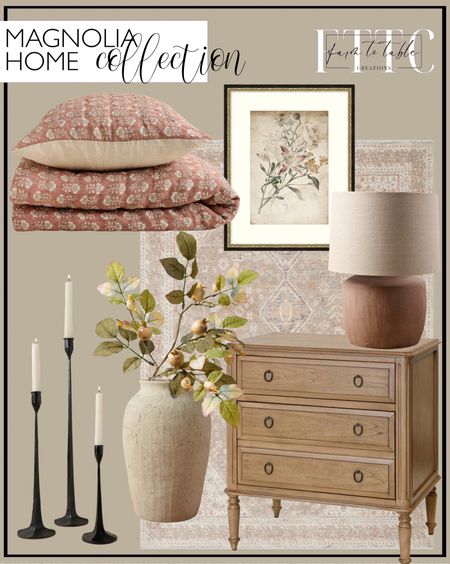Magnolia Home Collection. Follow @farmtotablecreations on Instagram for more inspiration.

Jane Bench. Flora Block Print Quilt - Desert Clay. Vintage Floral Bouquet. Flora Block Print Pillow Sham - Desert Clay. Isabella Throw. Clay Greenleigh Table Lamp. Stonewashed Pebbled Quilt - Desert Clay. Stonewashed Pebbled Quilt Pillow Sham - Desert Clay. Corinne Large Nightstand. Carlisle Taupe Ivory Rug. Black Gatecrest Candlesticks. Large Textured Adrienne Vase. Cream Berry Stem. 
New Spring Home Decor. New Magnolia Home Decor. Bedroom Decor. Bedroom Inspiration. 



#LTKfindsunder50 #LTKstyletip #LTKhome