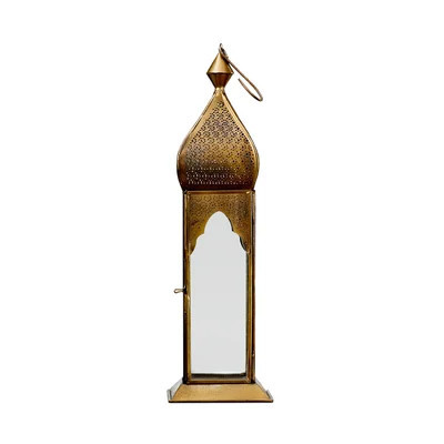 Bungalow Rose Antique Golden Bronze Square Metal Lantern, Clear Glass Paneled Tealight Holder, Vintage Decor Lantern For Dining Table, Wedding, Holida | Wayfair North America