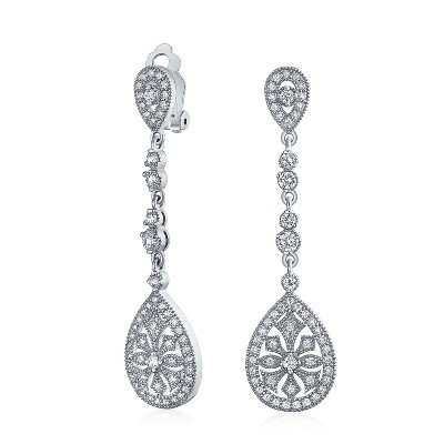 Bling Jewelry Art Deco Style Filigree Teardrop Cubic Zirconia Chandelier Clip On Earrings Color - Silver | Target