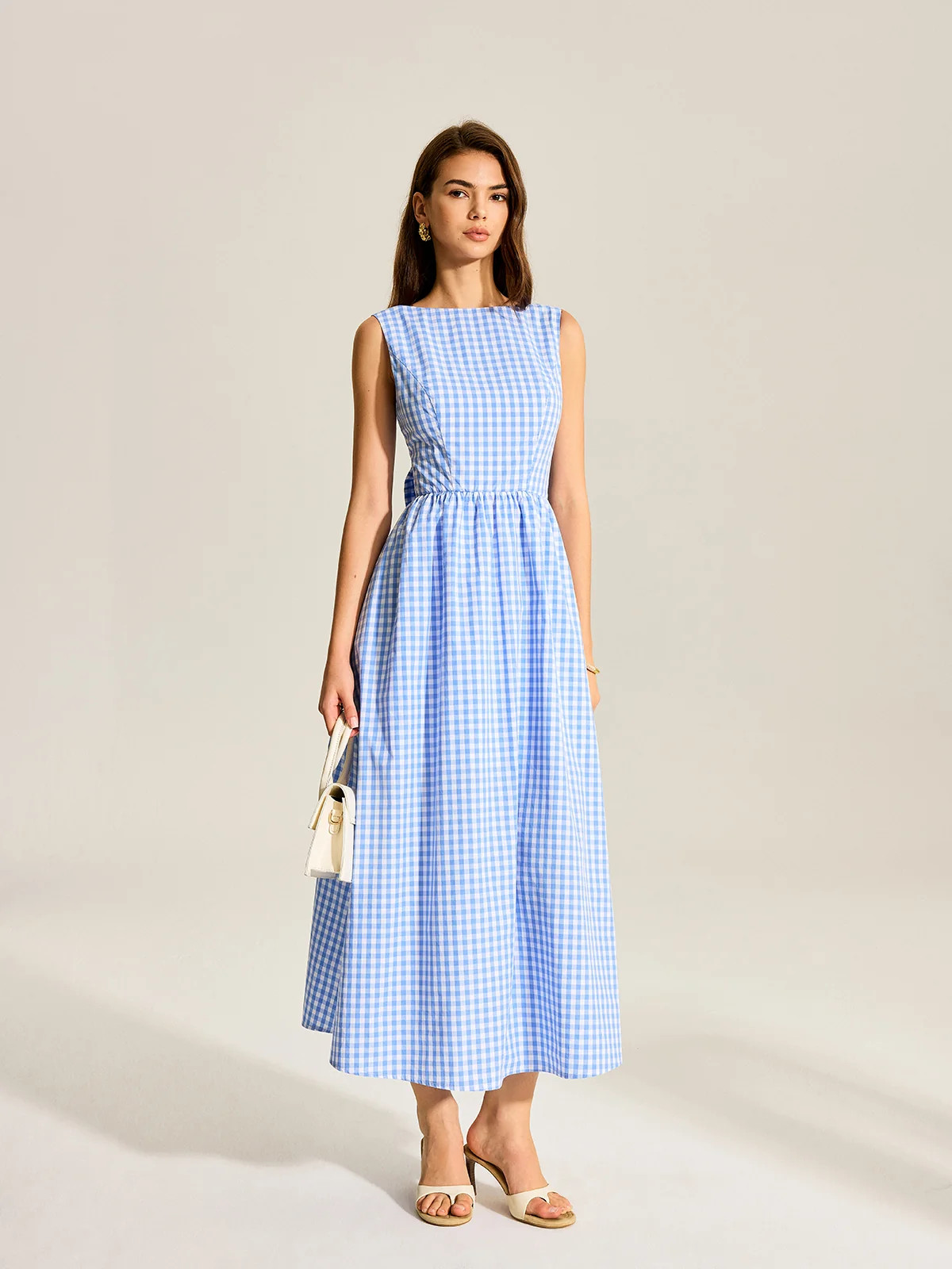 Back Bow Gingham Sleeveless Dress | Commense
