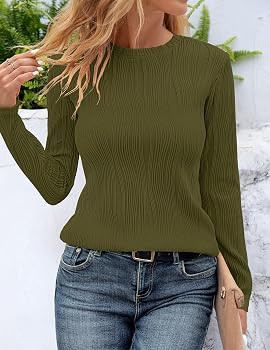 ZESICA Women's Long Sleeve Textured Shirts Fall Slim fit Crewneck Causal Trendy Knit Tops | Amazon (US)