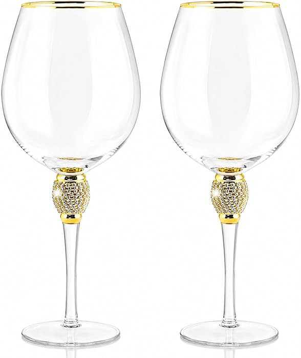 Luxury Gold Rim Rhinestone Diamond Wine Glasses - Set of 2 (15 oz) Rhinestones Encrusted Crystal ... | Amazon (US)