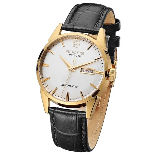 ROCOSJEWE R0101 Men's Automatic Mechanical Watch Golden Luxury Watch for Men Classic Retro Wristwatch Day Date Black Leather Strap Dress Watches Waterproof Gift for Men Fashion Business | Amazon (US)