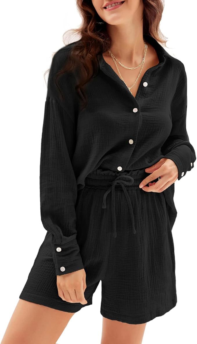 GRACE KARIN Women's Cotton Pajamas Sets Two Piece Sleepwear Long Sleeve Button Down Shirts and Sh... | Amazon (US)