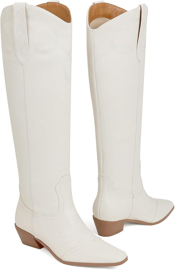 Cowboy Boots for Women Square Toe Fashion Knee High Boots Wide Calf Chunky Heel Slip On Cowgirl B... | Amazon (US)