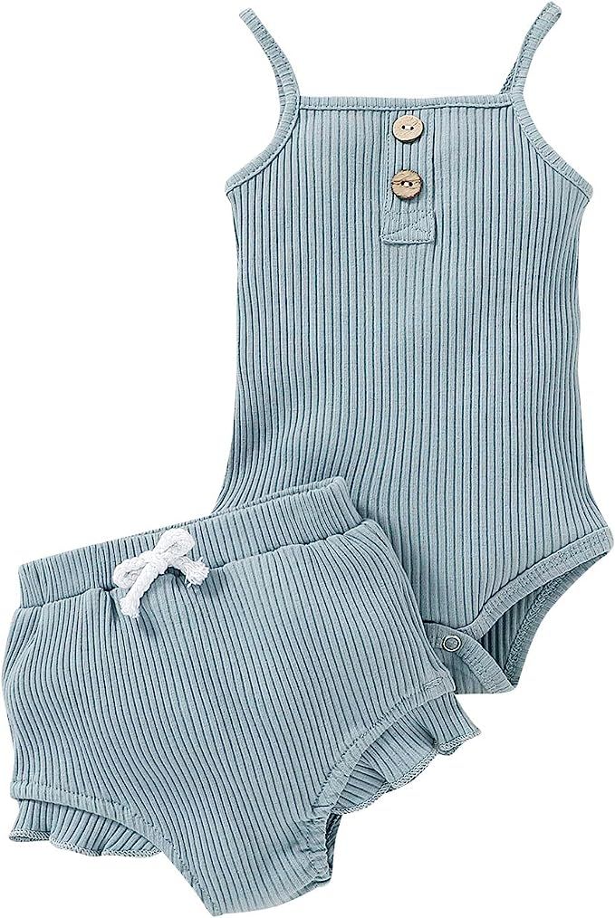 Infant Baby Girl Fly Sleeve Strap Top and Short Pant Summer Clothes Set | Amazon (US)