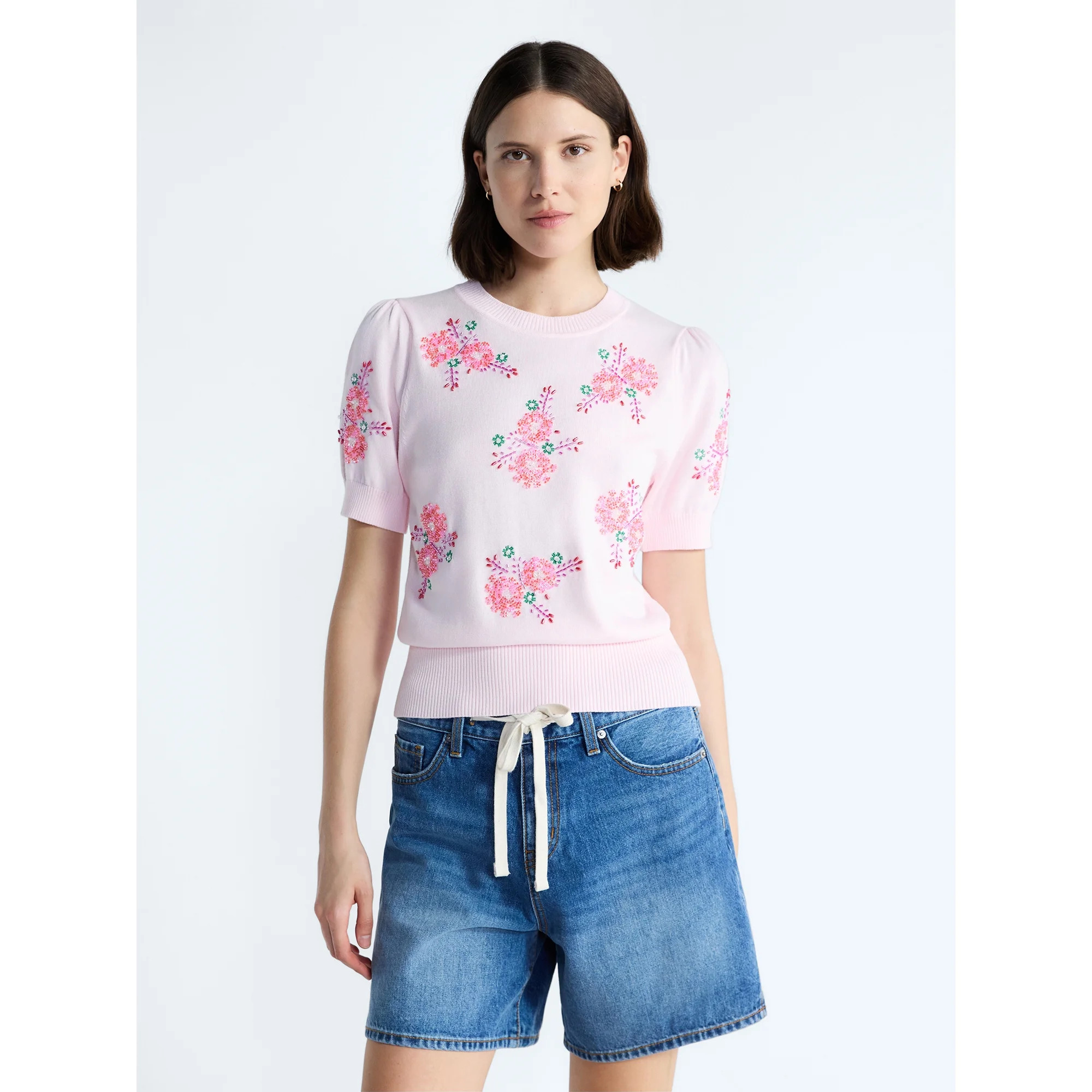 Free Assembly Women's and Women's Plus Beaded Floral Sweater with Puff Sleeves, Lightweight, Size... | Walmart (US)