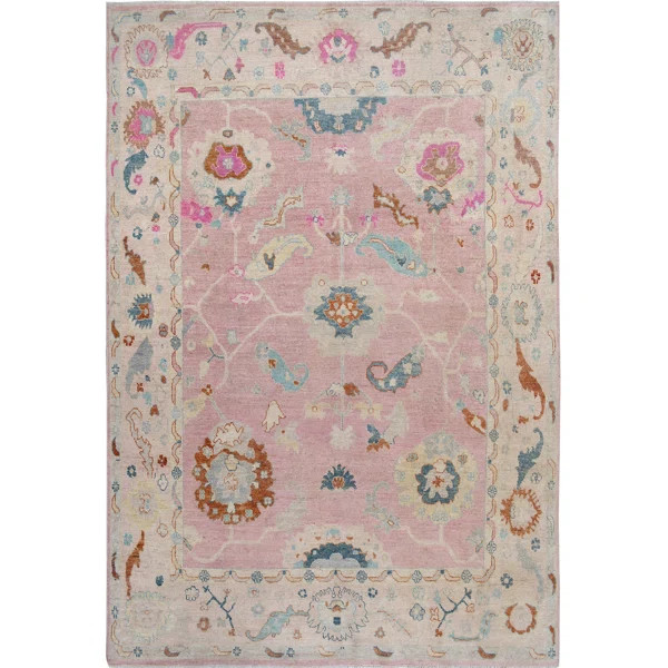 One-of-a-Kind Adepoju Hand-Knotted New Age Oushak Pink/Beige 8'2" x 9'7" Wool Area Rug | Wayfair North America