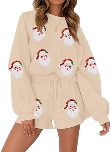 VILOVE Christmas Sweat Shorts Sets Women 2 Piece Merry Xmas Jolly Sequin Outfit Oversized Casual ... | Amazon (US)