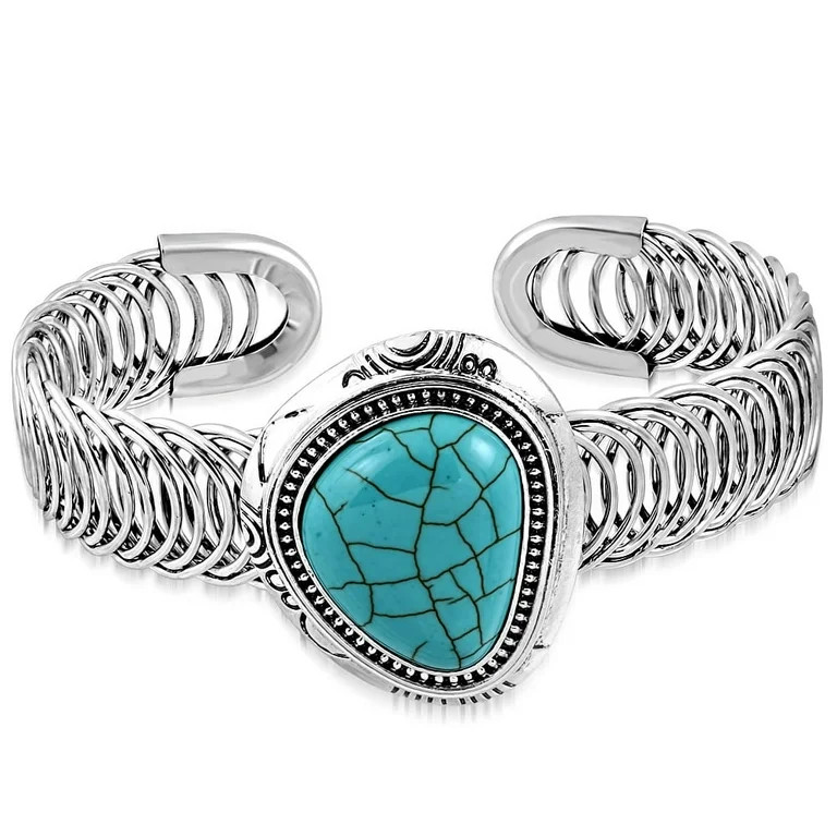 Fashion Alloy Silver-Tone Simulated Turquoise Adjustable Cuff Bracelet | Walmart (US)