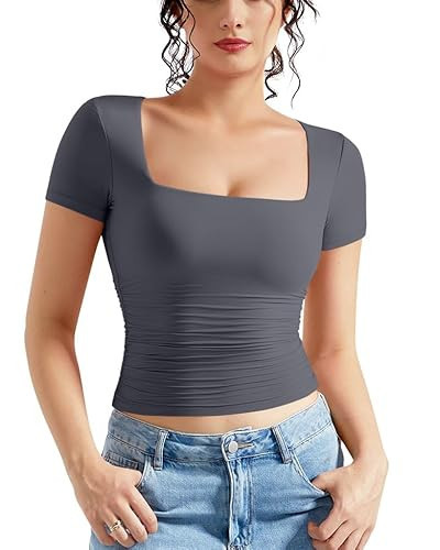 MOOSLOVER Women Square Neck Basic Tops Short Sleeve Fitted T Shirts Double Lined Going Out Crop Tops(XL,Grey) | Amazon (US)
