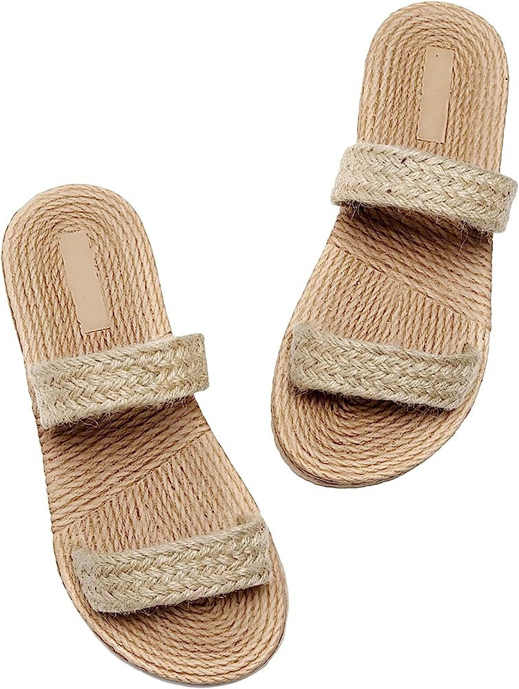 GORGLITTER Straw Strap Tan Slide Sandals Tan Sandals Tan Slides Summer Shoes Summer Sandals 2023 | Amazon (US)