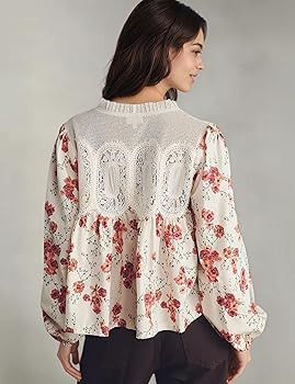 PUWEI Womens Floral Print Lace Blouses Long Sleeve Crew Neck Lace Mesh Poplin Swing Babyboll Tops... | Amazon (US)