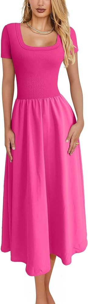 SANDERY Maxi Dress for Women Square Neck Short Sleeve Ribbed Slim Casual Flowy Swing Beach Dresse... | Amazon (US)