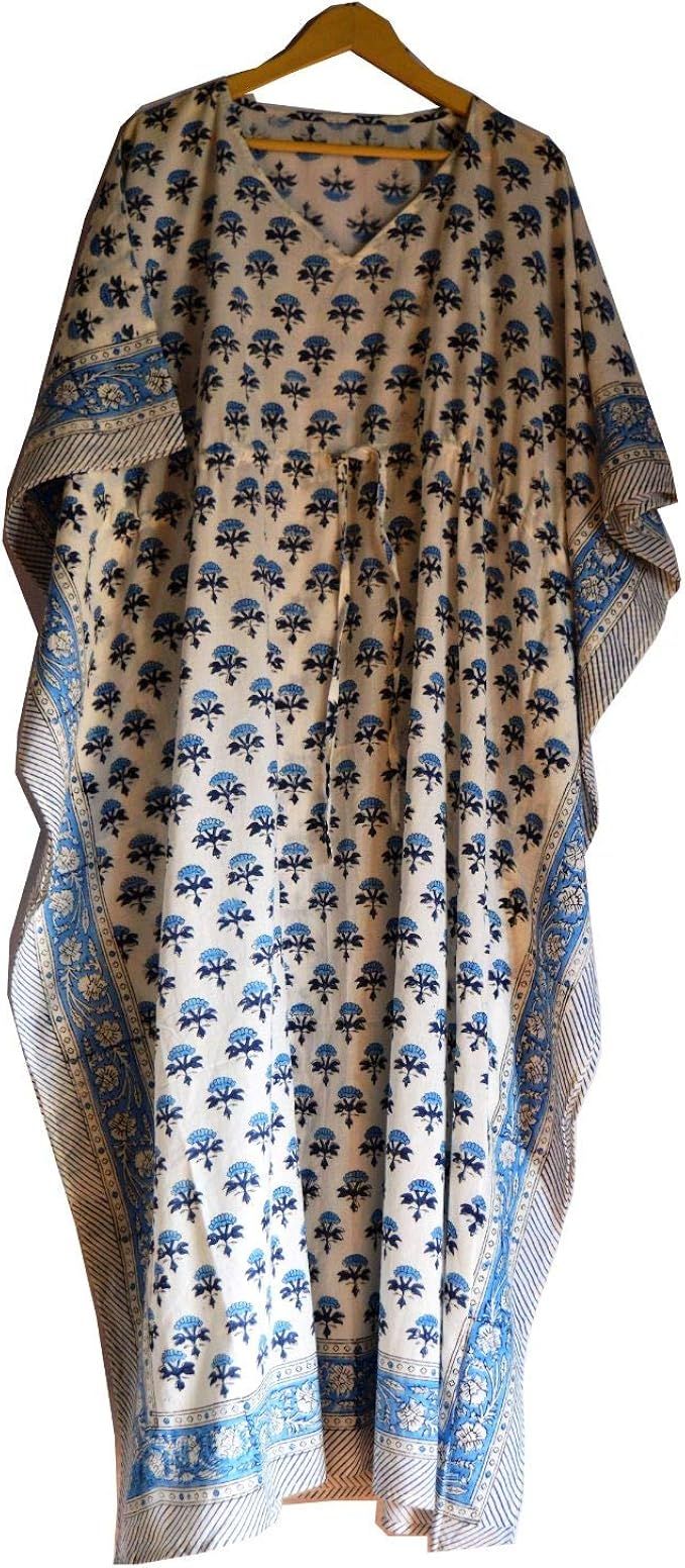 Fabric Venue Women's Ethnic Hand Block Print Sanganeri Cotton Maxi Kaftan Nightwear Dress Beach W... | Amazon (US)