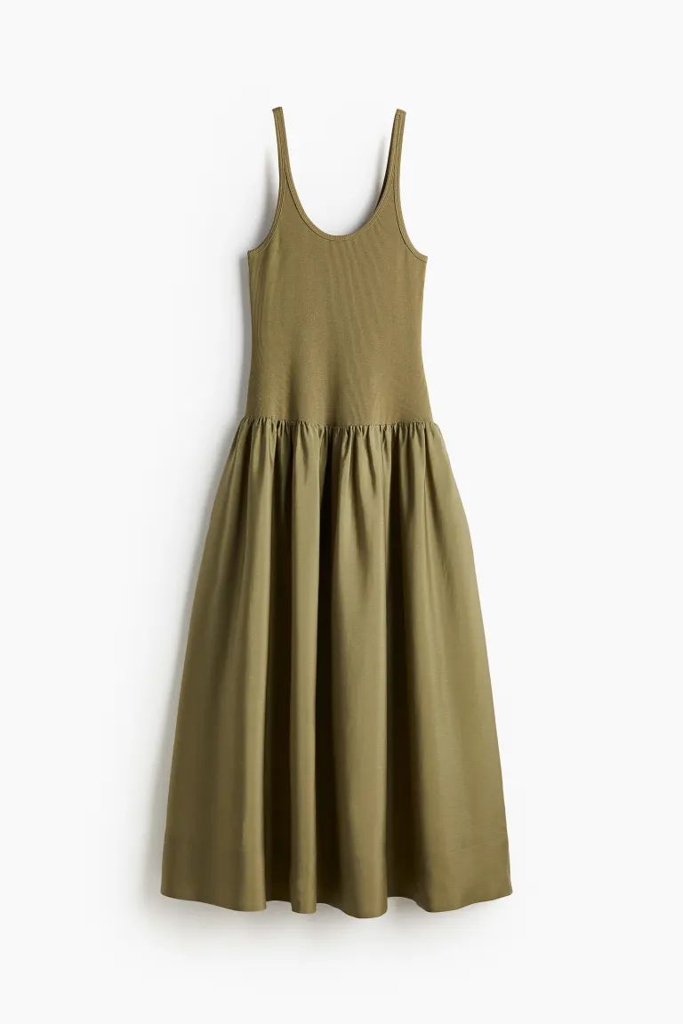 Dress with Flared Skirt - Low-cut Neckline - Sleeveless - Khaki green - Ladies | H&M US | H&M (US + CA)