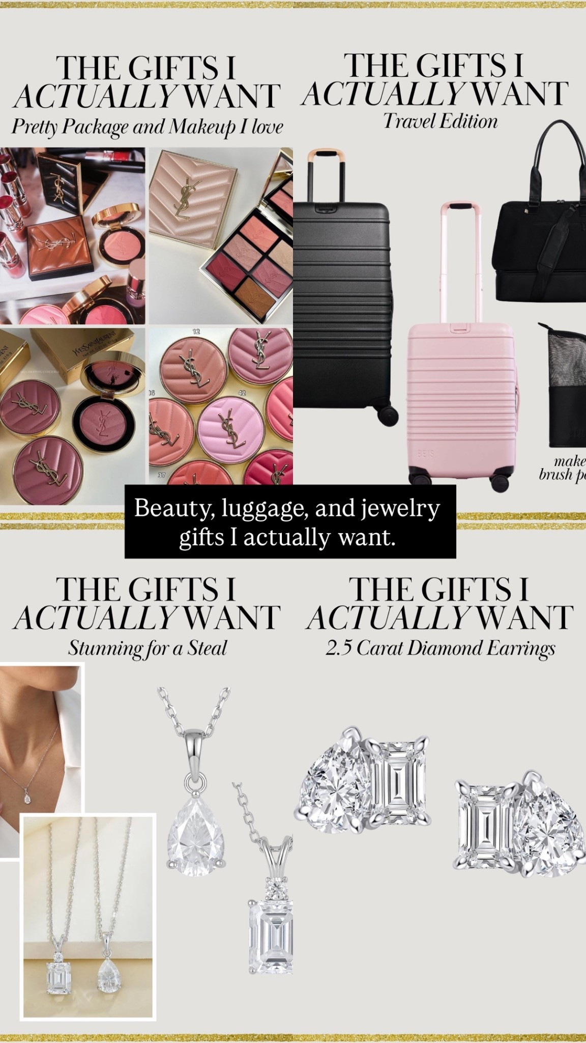 Best beauty, luggage, and jewelry as gifts. From the items I really want. Luggage still in 30% off 

#LTKHoliday #LTKGiftGuide #LTKFindsUnder100