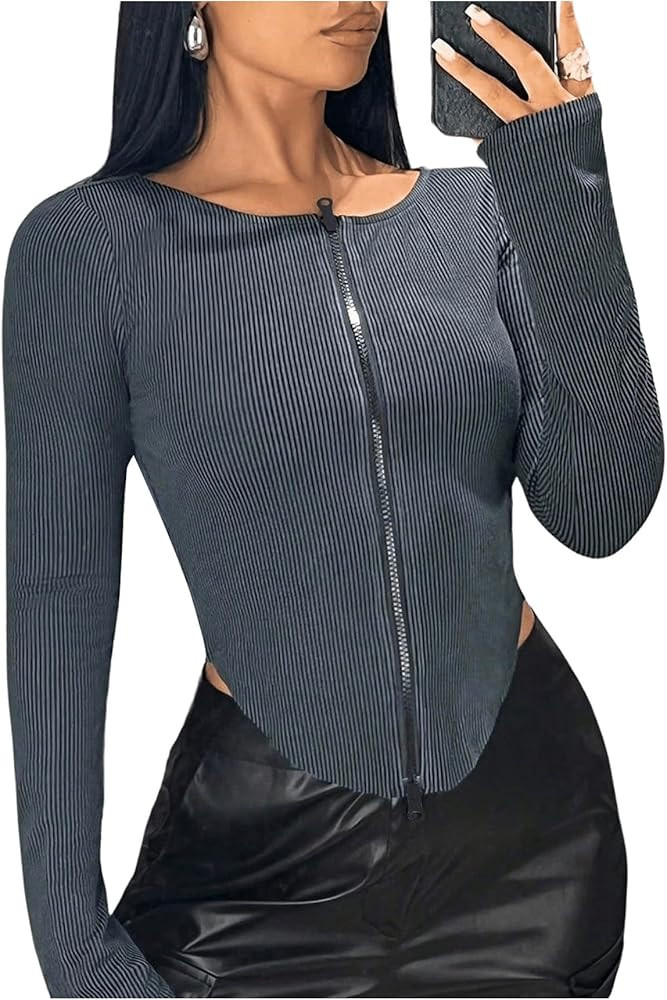 WDIRARA Women's Ribbed Knit Zipper Closure Y2K Tops Asymmetrical Hem Long Sleeve Crop Tee | Amazon (US)