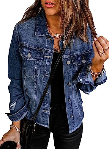 EVALESS Women's Vintage Ripped Distressed 2025 Trendy Casual Solid Color Long Sleeve Lightweight Denim Jacket Coat Blue Small | Amazon (US)