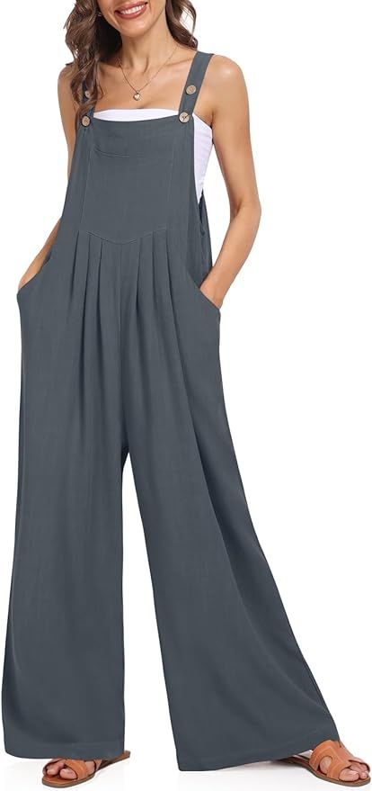 UEU Women's Straps Sleeveless Casual Jumpsuits Rompers Wide Leg Loose Bib Overalls with Pockets | Amazon (US)