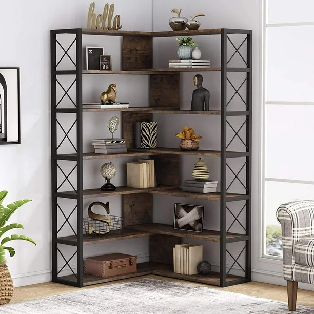 Tribesigns 6-Shelf Corner Bookcase, Vintage Industrial Corner Bookshelf Etagere Bookcase, 6 Tier ... | Walmart (US)