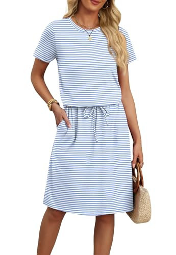 Summer Dresses for Women 2026 Vacation Casual Wedding Guest Beach Hawailan Boho Mini Dress Flowy Cruise Travel Floral Spring Outfits Short Sleeve L Blue Striped | Amazon (US)