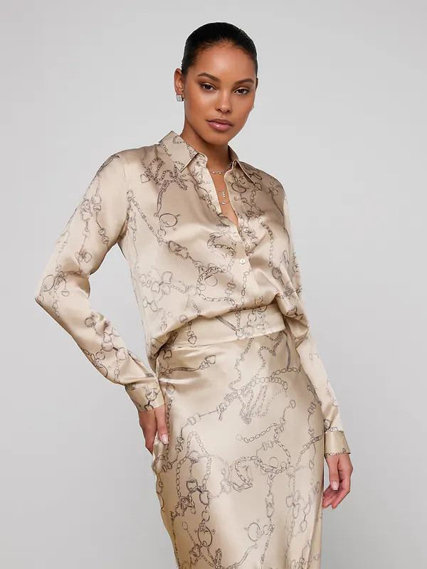 Tyler Silk Blouse in Soft Macadamia Multi Small Horsebit Chain | L'AGENCE | L'Agence