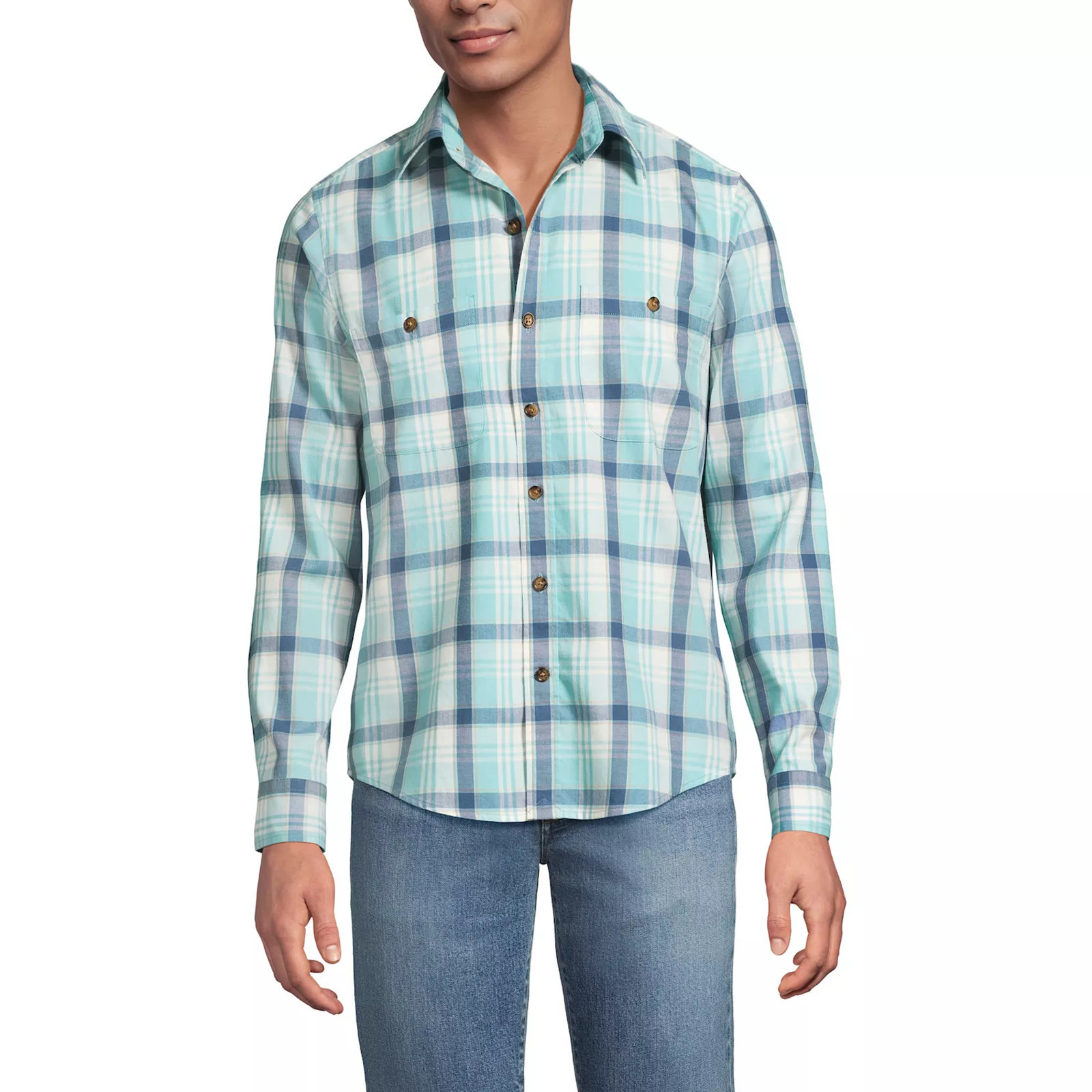 Men's Lands' End Coastal Flannel Shirt, Size: Medium, Mint Blue Plaid | Kohl's