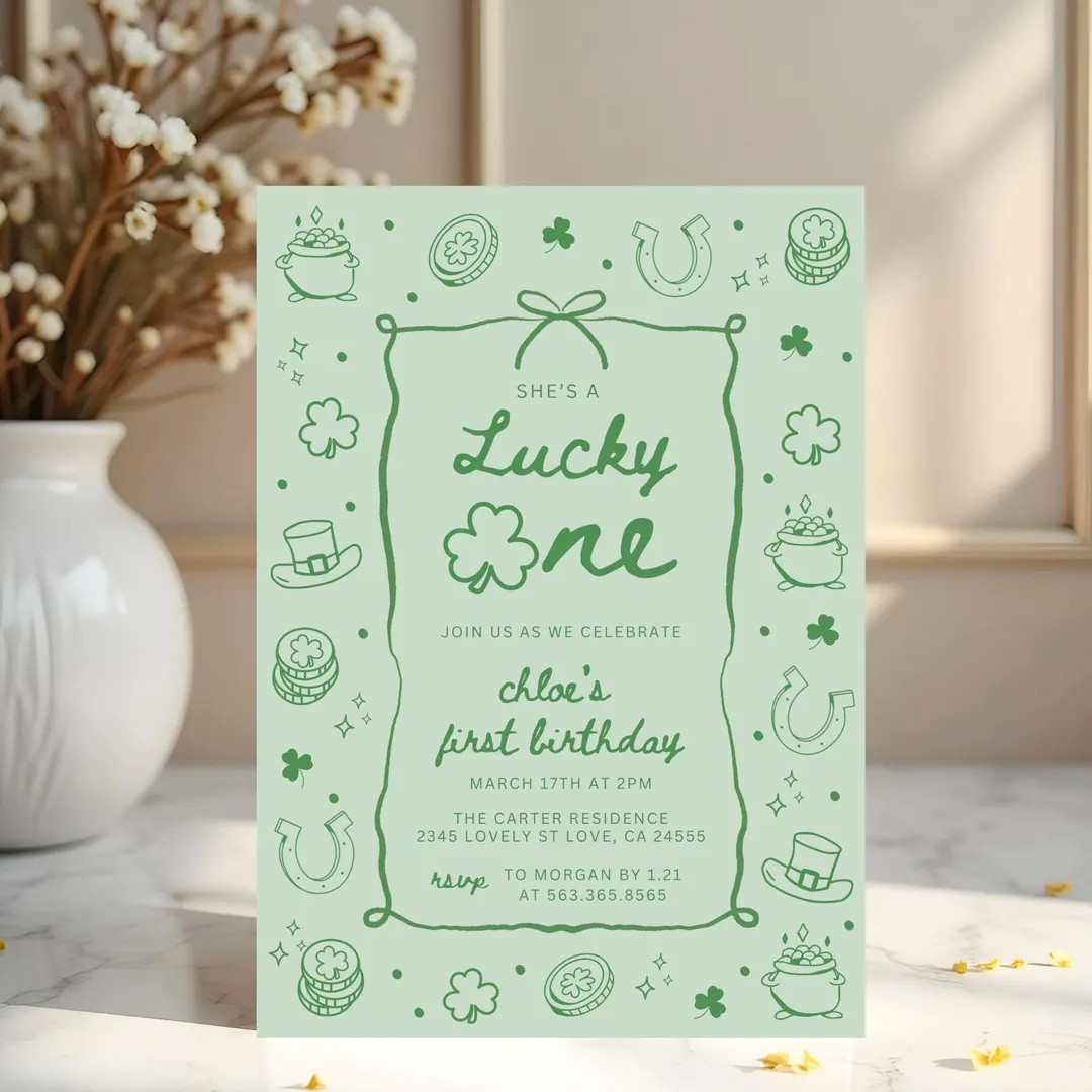 Lucky One First Birthday Invitation St Patrick's Day Shamrocks Four Leaf Clover 1st Birthday Part... | Etsy (US)