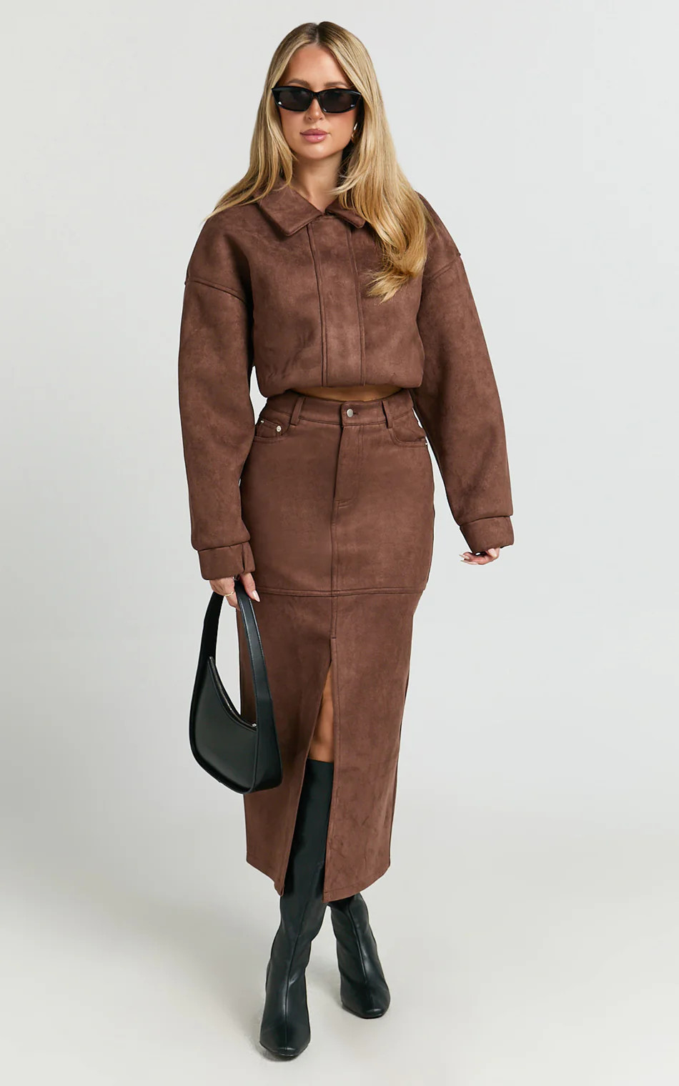 Nessa Midi Skirt - High Waisted Fitted Suede Skirt in Dark Chestnut | Showpo (US, UK & Europe)