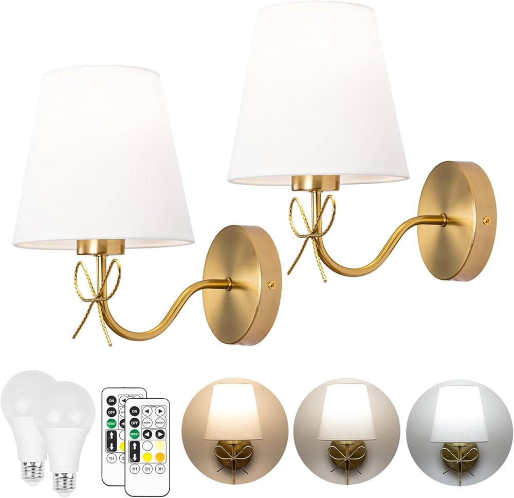 TREELAND Antique Brass Bow Wall Sconces with 110V Dimmable Remote Bulb, 3 Color Tempture, Timmer ... | Amazon (US)