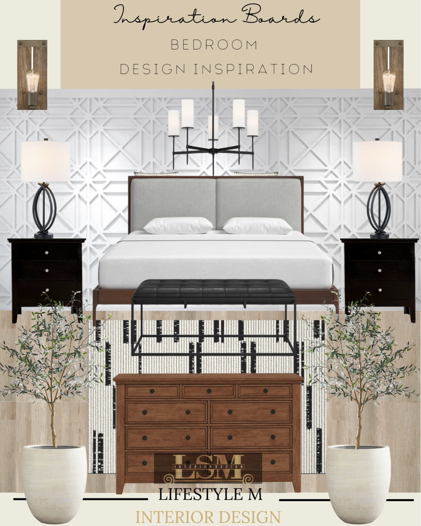Bed Room Inspiration. Recreate the look at home. Wood dresser, black wood night stand, wood bed, white tree planter pot, faux fake tree, wood floor tile, striped bed room rug, table lamp, wood light sconce light, black bed room chandelier, black upholstered bench.

#LTKstyletip #LTKhome #LTKFind