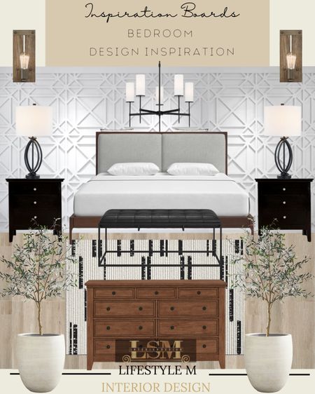 Bed Room Inspiration. Recreate the look at home. Wood dresser, black wood night stand, wood bed, white tree planter pot, faux fake tree, wood floor tile, striped bed room rug, table lamp, wood light sconce light, black bed room chandelier, black upholstered bench.

#LTKstyletip #LTKhome #LTKFind