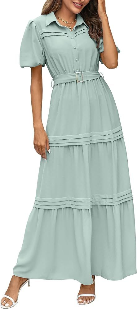 Pretty Garden Womens Summer Puff Short Sleeve Lapel V Neck Tiered A Line Flowy Party Dresses With... | Amazon (US)