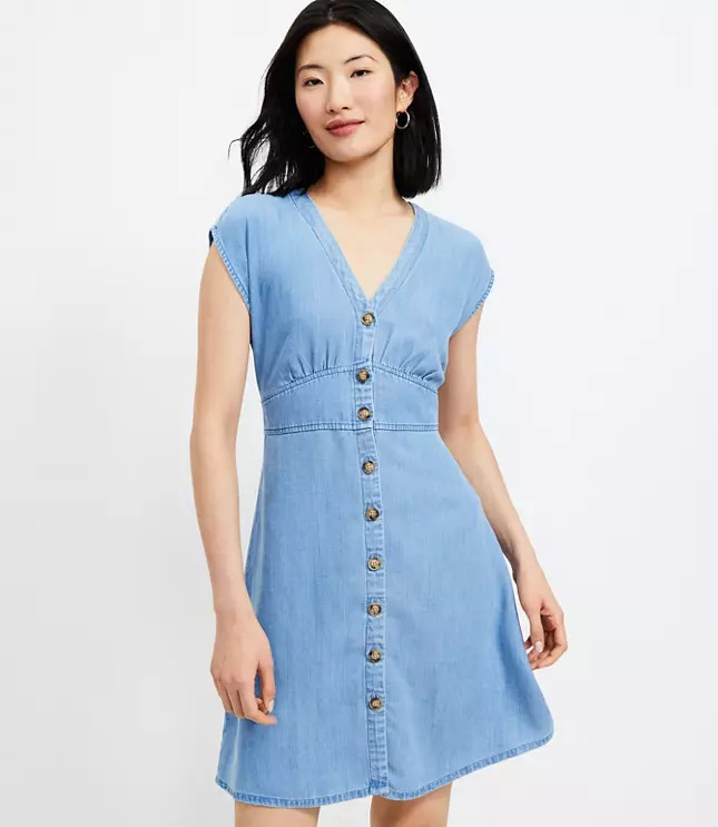Chambray Button Flare Dress | LOFT