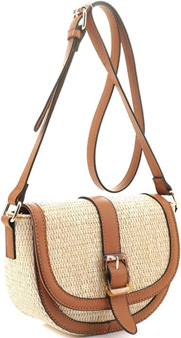 Womens Classy Straw Rattan Vegan Leather Flap Saddle Satchel Flap Crossbody Purse Bag | Amazon (US)