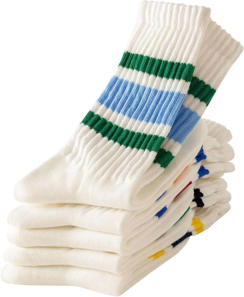 DarkCom Striped Crew Socks 5 Pairs Seamless Toe for Men and Women, Color of Light Cream, Casual C... | Amazon (US)