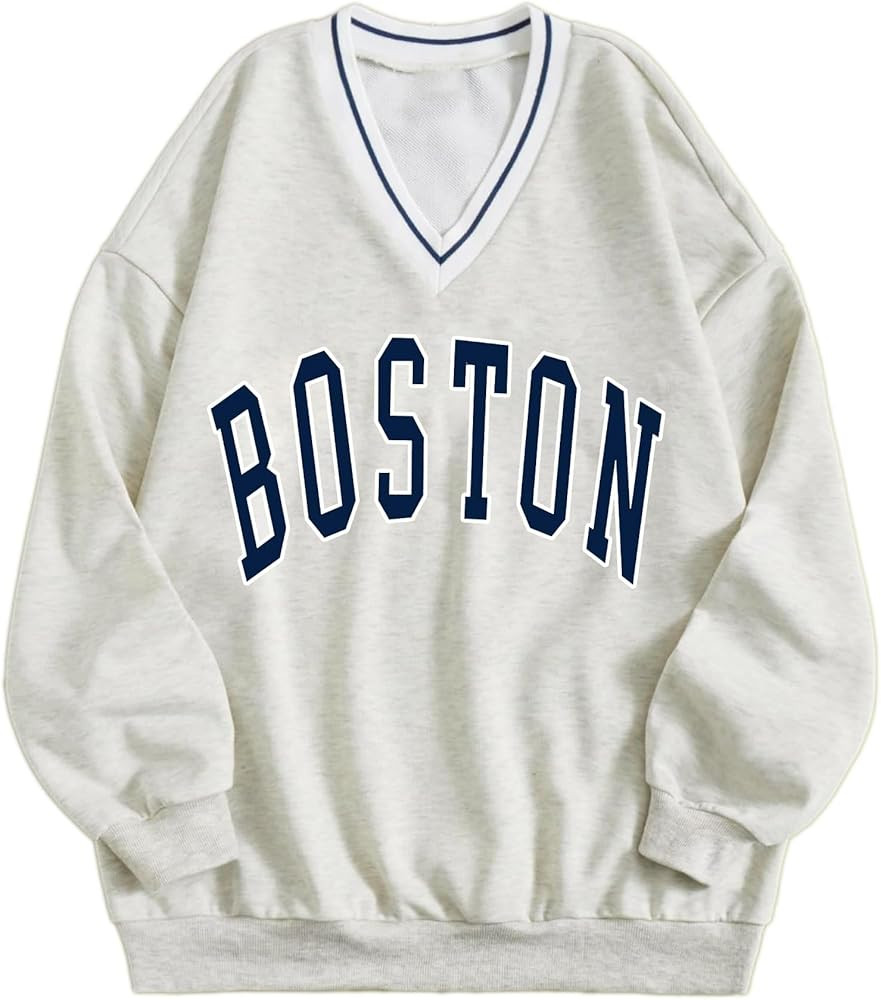 Remidoo Womens New York Embroidered V Neck Sweatshirt Oversized Long Sleeve Pullover Top | Amazon (US)