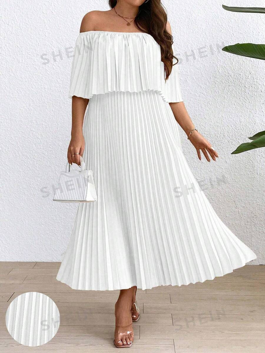 SHEIN Frenchy Plus Size Women's Pleated Ruffle Hem Off Shoulder Long Dress | SHEIN