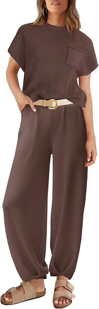 ZESICA Women's 2 Piece Outfits Sweater Set Short Sleeve Mock Neck Knit Pullover Top High Waist Pa... | Amazon (US)