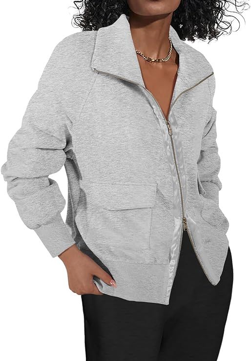 Fisoew Women's Zip up Sweatshirt Collared Neck Long Sleeve Loose Casual Lightweight Jacket with P... | Amazon (US)