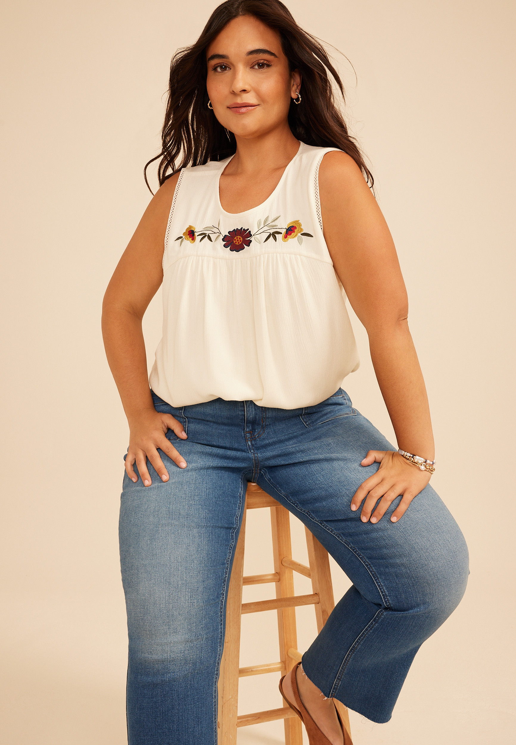 Maurices Plus Size Women's Floral Embroidered Yoke Lace Trim Tank Top | Maurices