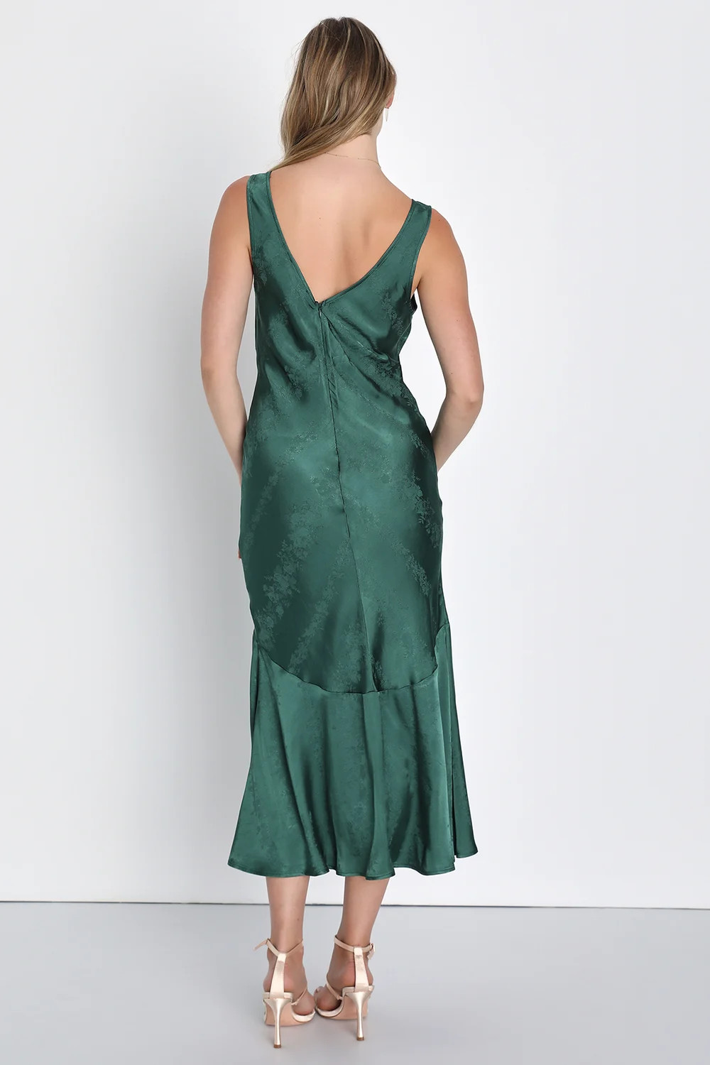 Exceptional Ideal Emerald Green Satin Jacquard Midi Dress | Lulus