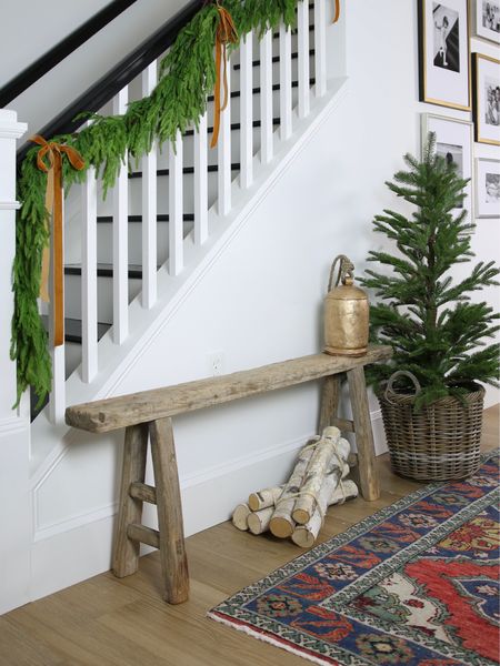 Christmas garland, stairway garland, faux garland, Afloral garland, Norfolk pine garland, mini Christmas tree, vintage bench 