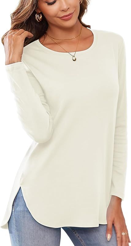 Women's Casual Long Sleeve T Shirt Crewneck with Side Split Fall Pullover Loose Tunic Sweater Top... | Amazon (US)